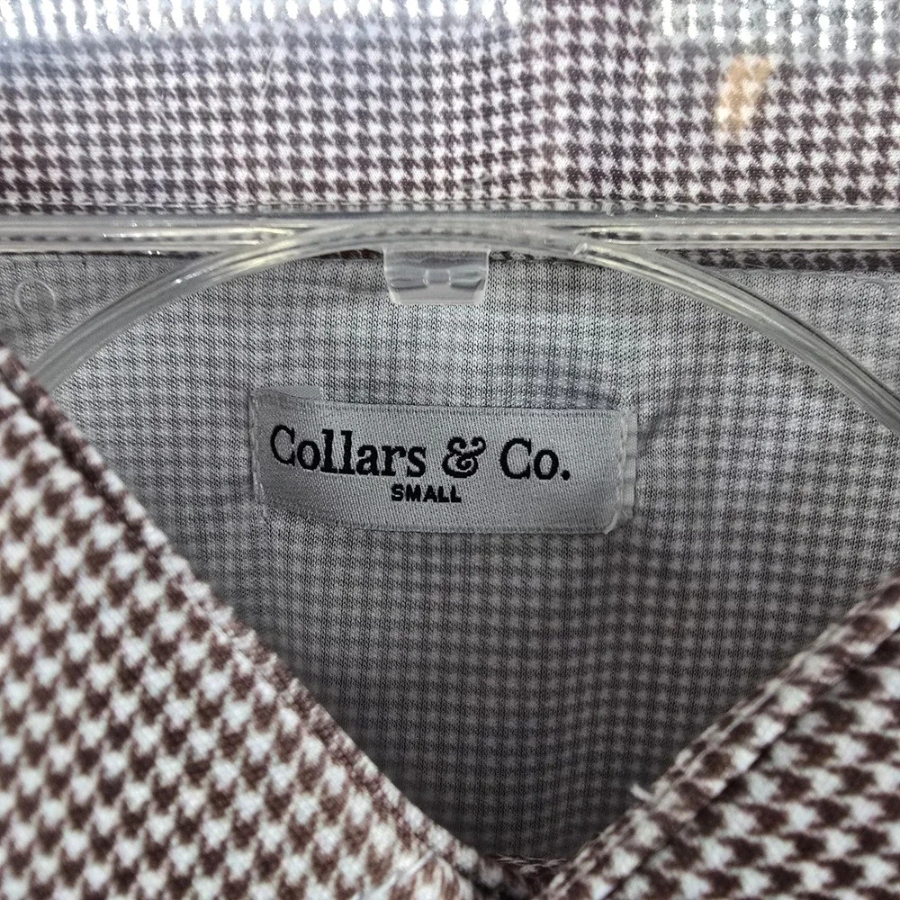 Collars & Co Dress Collar Polo Mens Small‎ Brown Houndstooth Long Sleeve Shirt